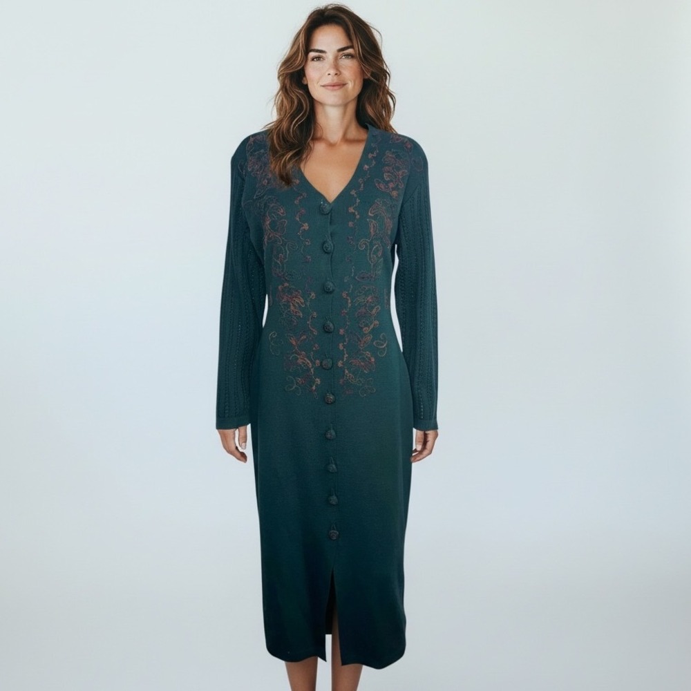 Carole Little Vintage Green Embroidered Wool Blend Button Front Sweater Dress M